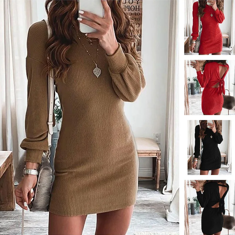 Autumn and winter new solid color backless dress woman