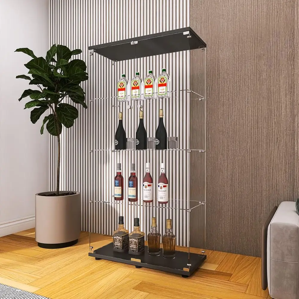 Double Door Lockable Glass Curio Cabinet, 4-Tier, 65H x 32L x 14W, Black for Living Room/Bedroom