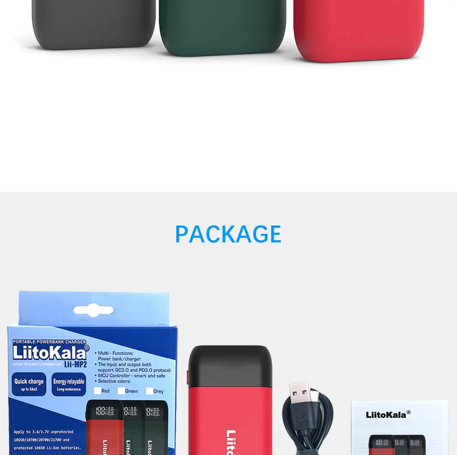 LiitoKala Lii-MP2 Dual Bay 18650/21700 Charger & QC3.0 PD3.0 Power Bank (No Battery)Input/Output Digital Display