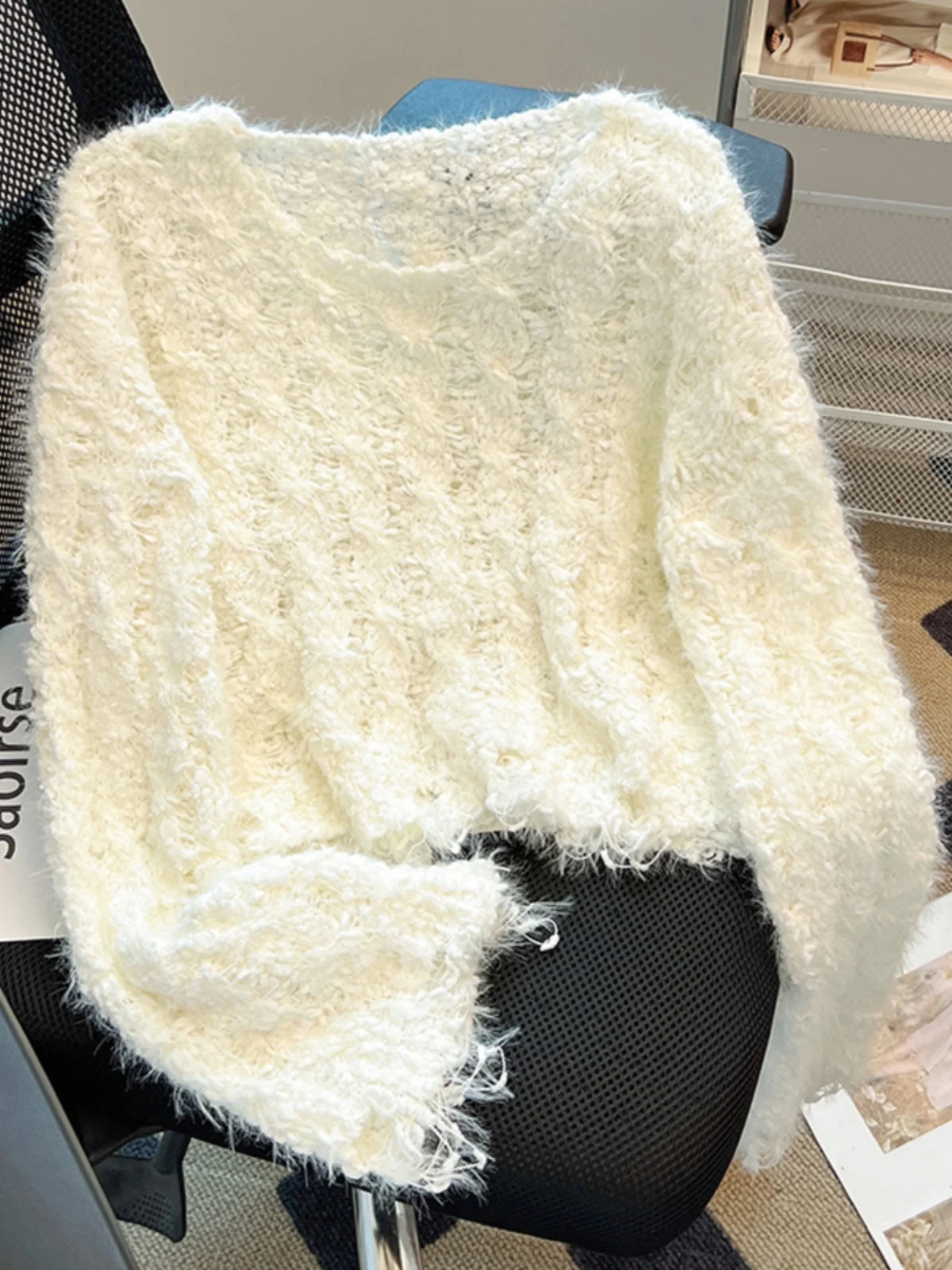 ort مثير oulder Bared محبوك سترة لينة كسول Sle الجولة Ne البلوز فرو منك المرأة الخريف الشتاء الدافئة Faion