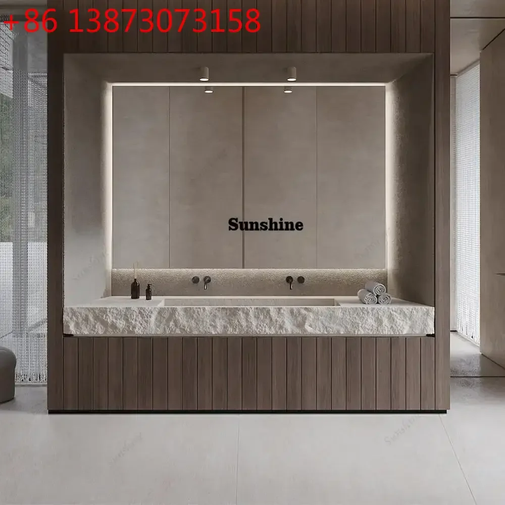 Wall-mounted washbasin with a rough travertine countertop, concealed drain, and textured basin; artificial stone countertop.  FT