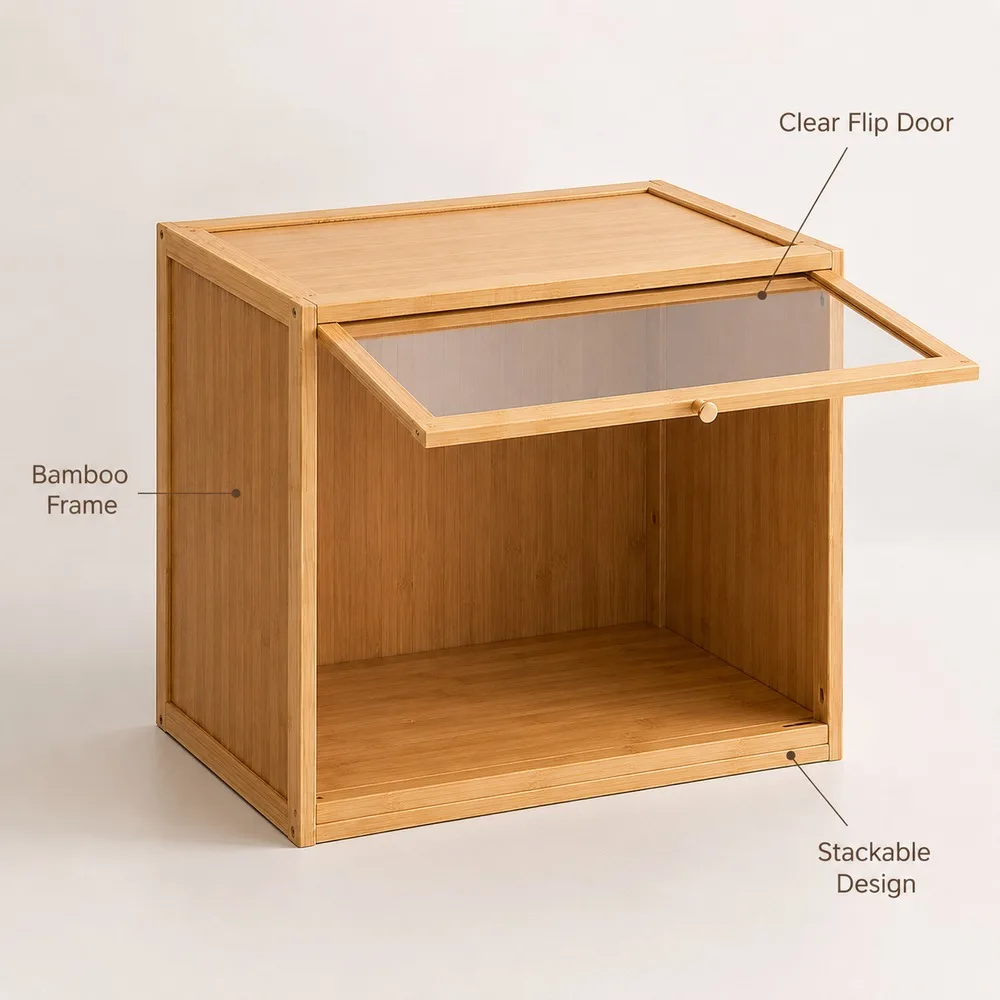 Bamboo Stackable Storage Cabinet with Clear Door Floor Organizer for Bedroom Living Room Balcony Bay Window Home Storage