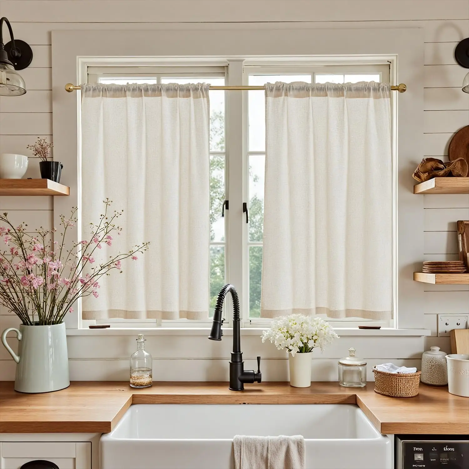 Beige Linen Kitchen Curtains 36 Inch Tier Curtains Farmhouse Cafe Light Filtering Small Window Drapes Flax Country Rustic Rod Po