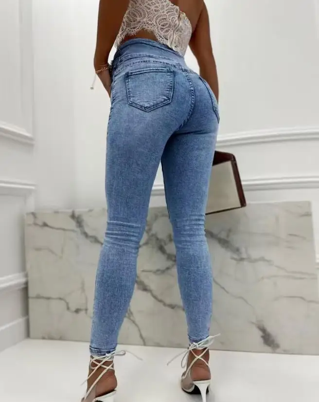 цена Женские узкие джинсы на пуговицах, повседневные универсальные узкие джинсы с высокой талией, Украшенные бусинами, Y2K, 2023