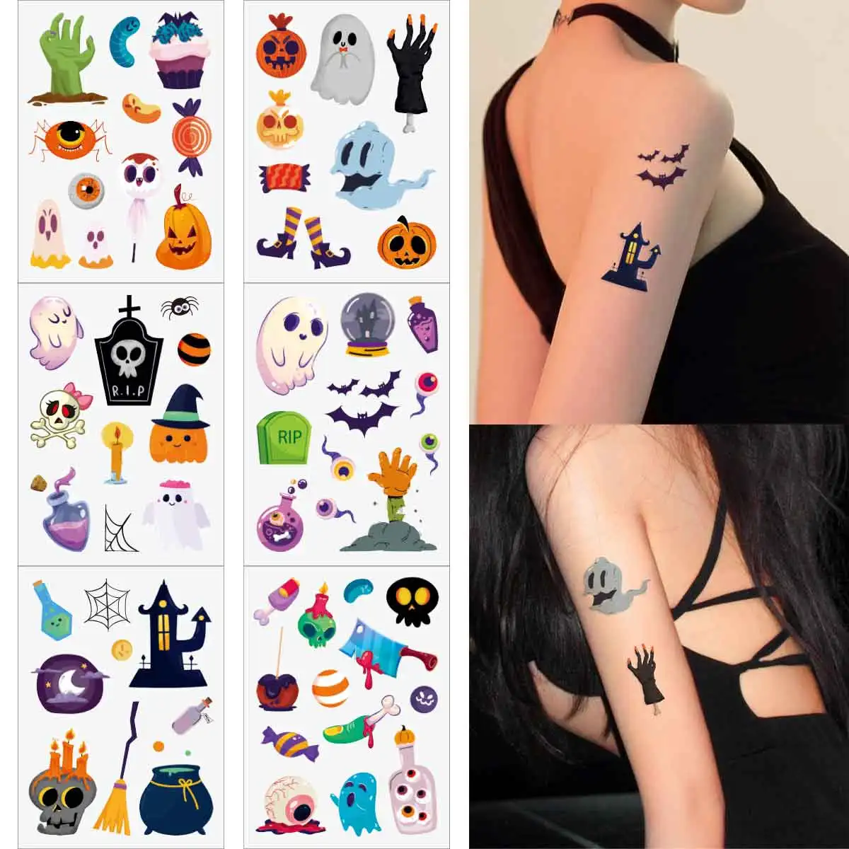 

6pcs Cartoon Halloween Tattoos for Kids Boy Girls Colorful Funny Ghost Witch Pumpkin Fake Tattoo Hallowmas Body Art Saint's Day