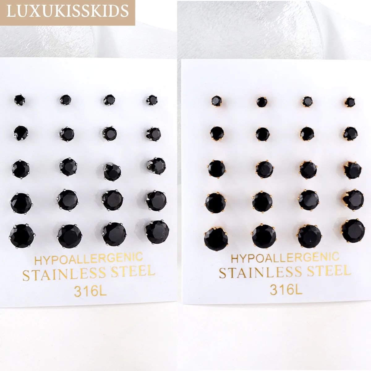 

LUXUKISSKIDS Black Cubic Zirconia Stud Earrings For Women/Men 10pairs/Bulk Stainless Steel Round/Square Rhinestone Ears Piercing