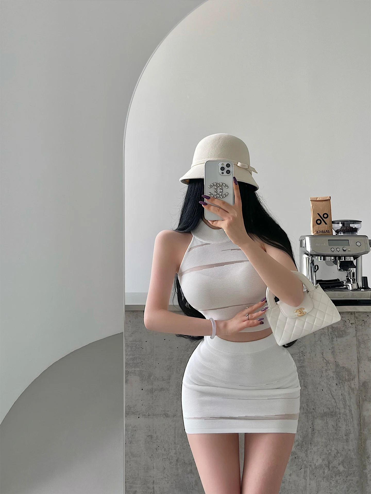 Young Girl Day Pure Desire Sexy Mesh Hollow out Sleeveless Knitted Vest High Waist Bodycon  Skirt Two Piece Set for Women image 3