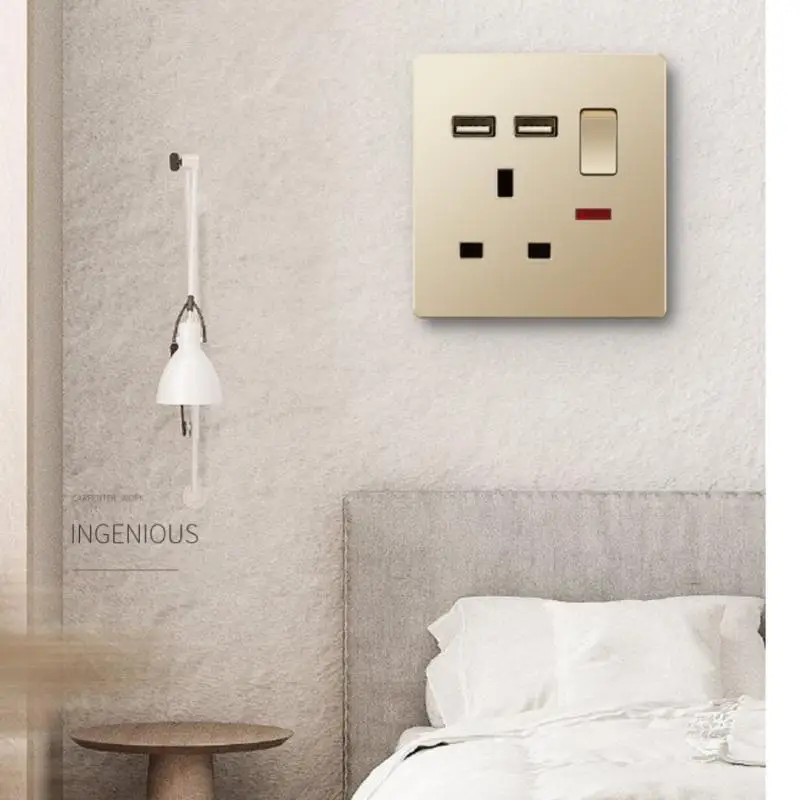 Uk Standard 13A Gold USB Plug Wall Power Socket Light Switch,220V Universal 6-hole Dual Socket with 2.1A Usb Charging Port