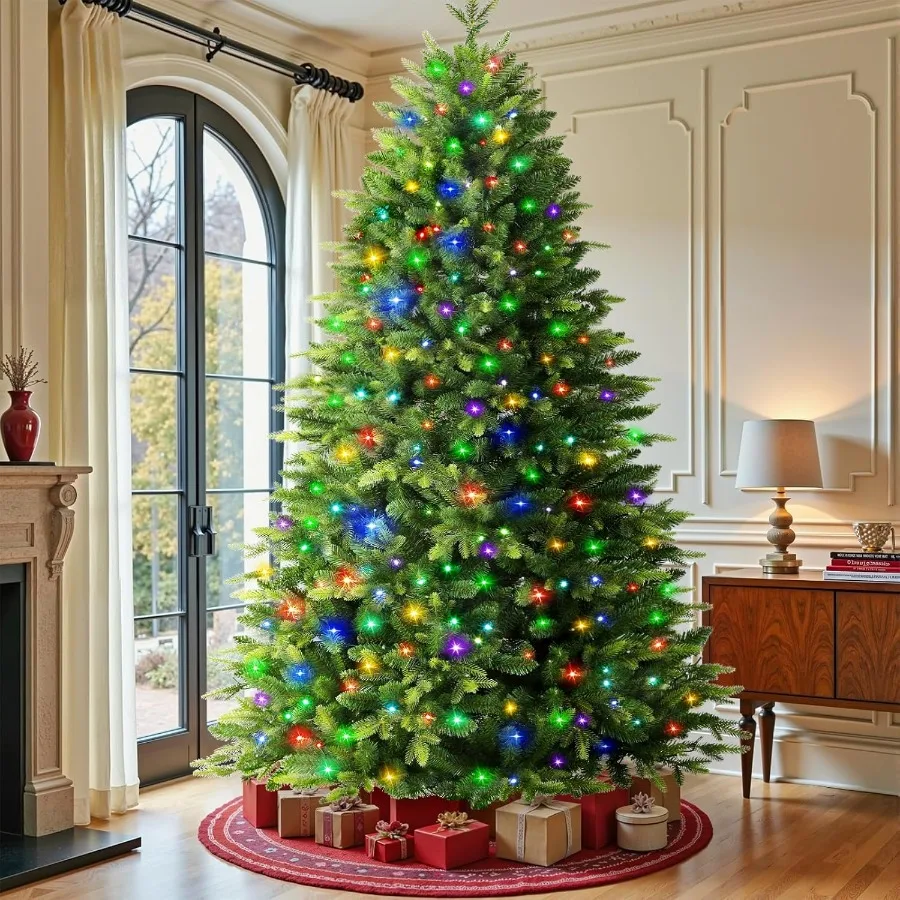 

7-футовая предварительно освещенная искусственная шарнирная рождественская елка с RGB-подсветкой, меняющимися цветами 380, улучшенный пульт дистанционного управления, поддельный предварительно освещенный пышный фракер