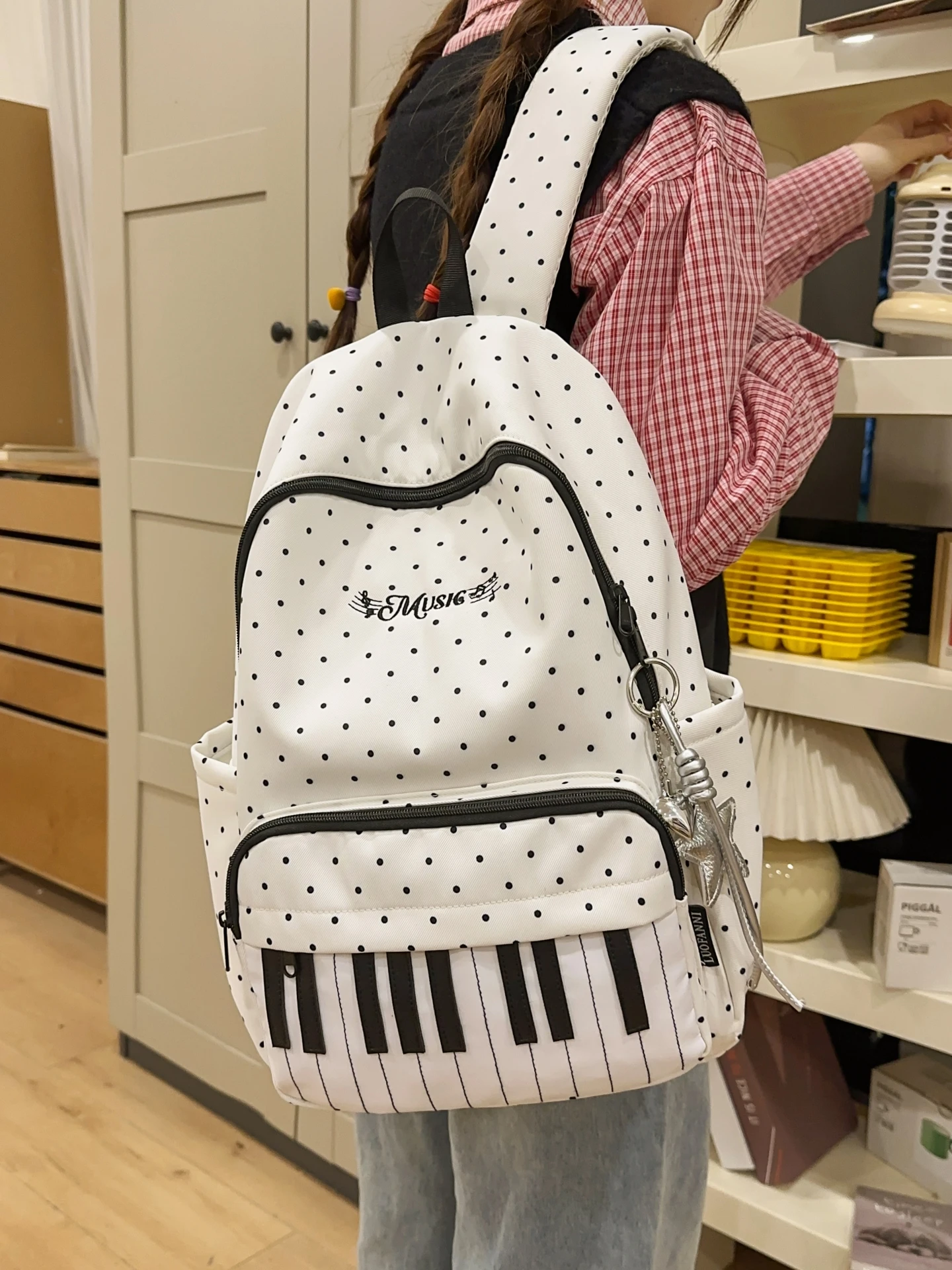 

Sweet College Style Backpack Embroidered Polka Dot Piano Design Unisex Dual Shoulder Bag for Commuting Traveling And School