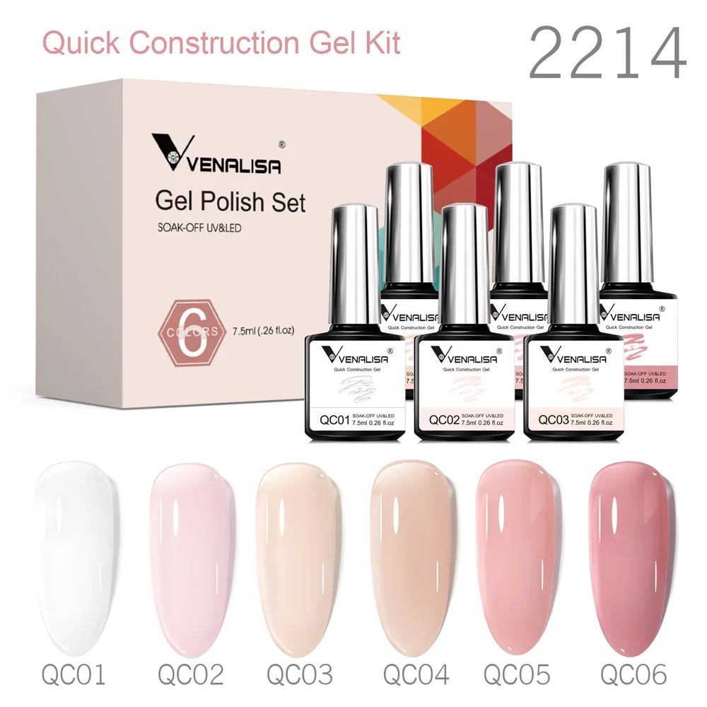 6pcs Venalisa Construction Gel Reinforce Nail Polish Stronger Effect Semi Permanent Jelly Color Neon Color Nude Collection Gel