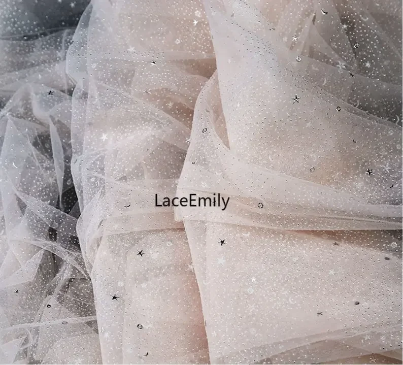 Silver Sequins Star Moon Lace Fabric Shiny Silver Dotted Tulle Fabric For Bridal Dress, Girl Dress , Wedding