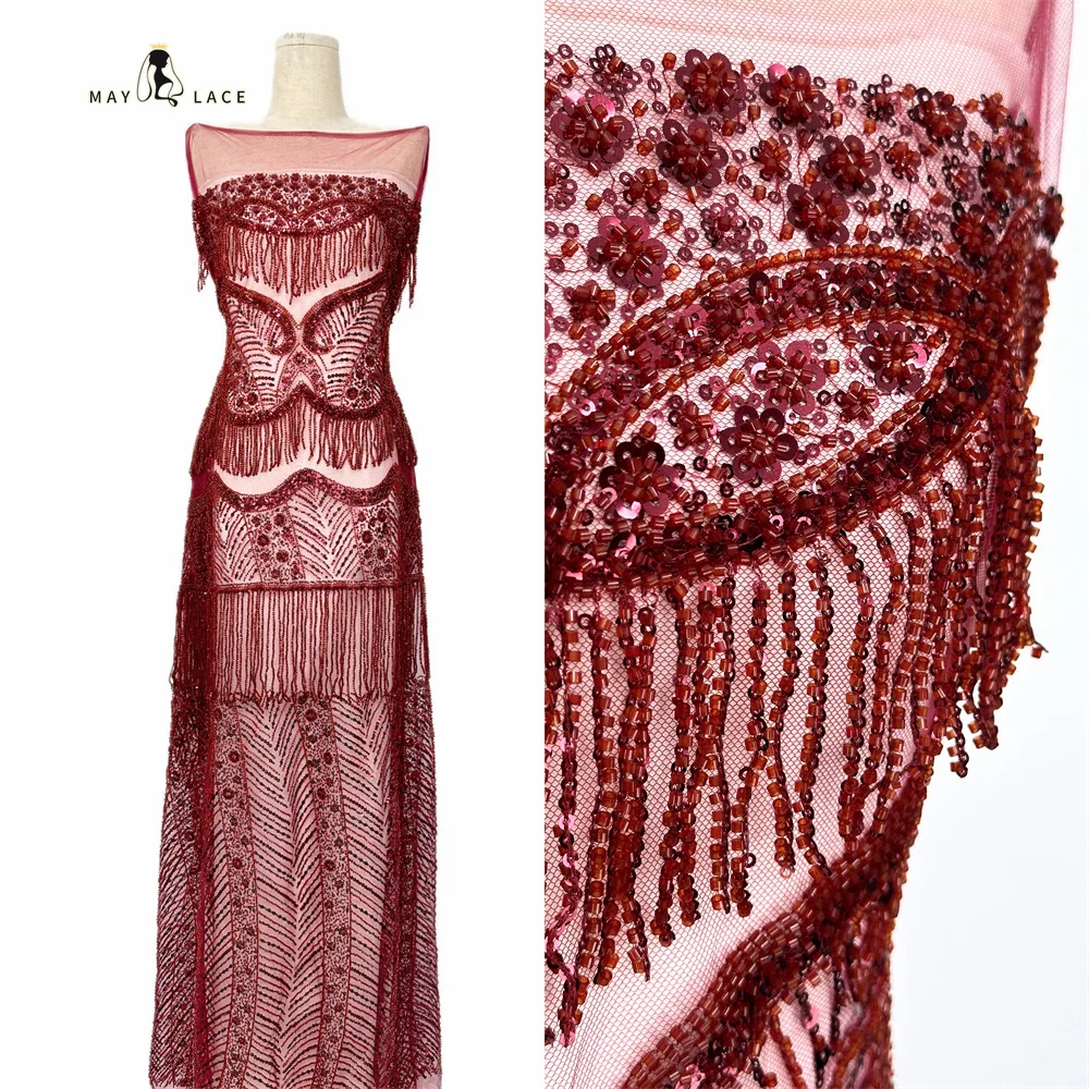 

Винно-красная нигерийская роскошная кружевная ткань с блестками и кисточками, 2026, высококачественная африканская ткань с бусинами, французская ткань для женщин, свадебное платье