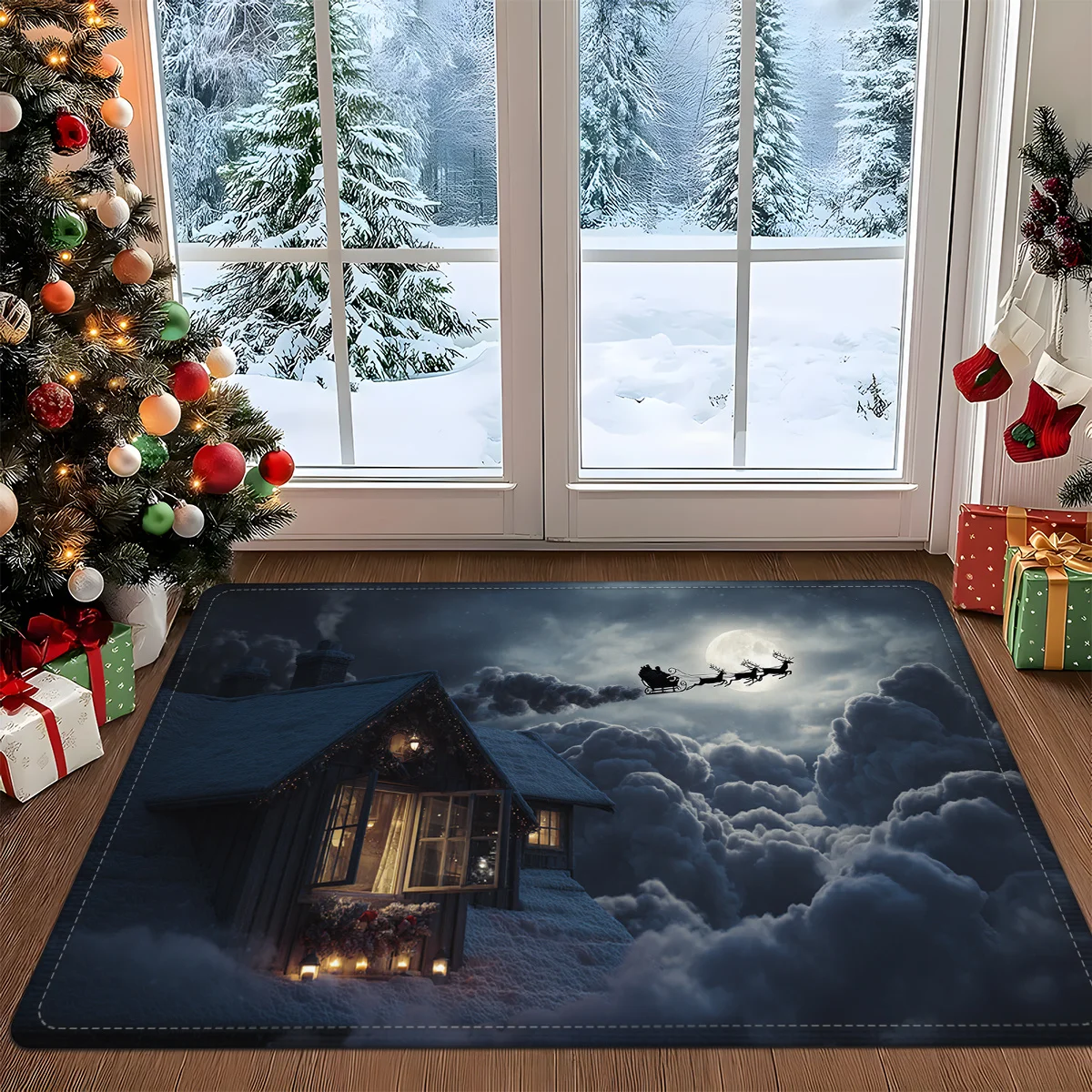 Snowy Night Christmas Door Mat Carpet, Santa Sleigh Snowman Design Plush Thick Polyester Non-Slip Front Door Living Room Decor