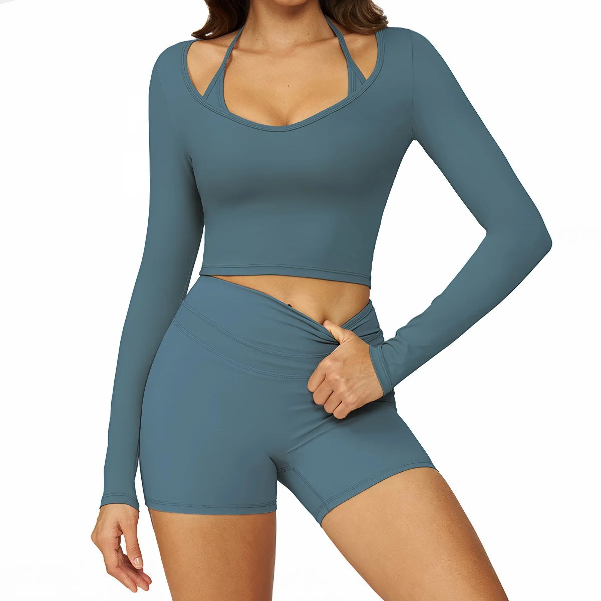 New 2 Piece Yoga Clothes Women's Tracksuit Athletic Cross Back Long sleeves Yoga Top Women Sports Bra Leggings Pilates Fitness