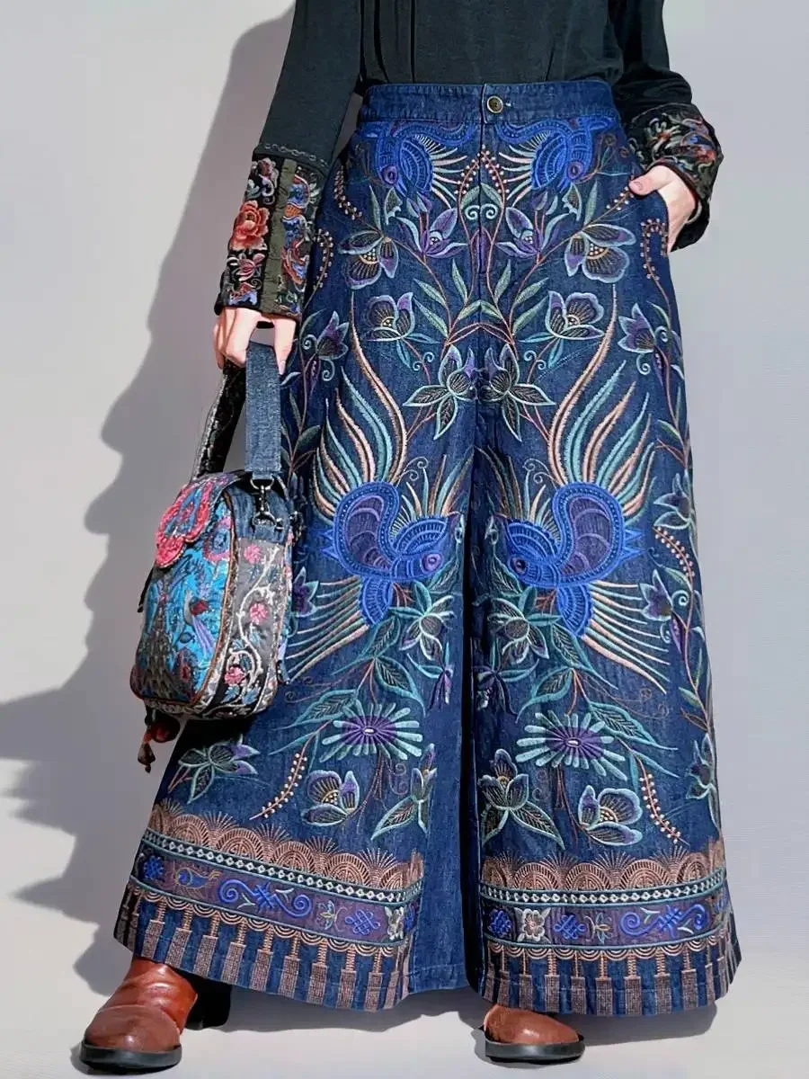 

Vintage women pants Embroidered denim linen wide-leg trousers elastic waist Thicken Blue pants Fashion Denim linen pants
