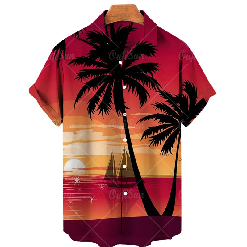 Men\'s Summer Sunset Floral Hawaiian Short Sleeve Shirt Casual Social Original Beach Vacation Goth Harajuku Luxury Y2k Clothing