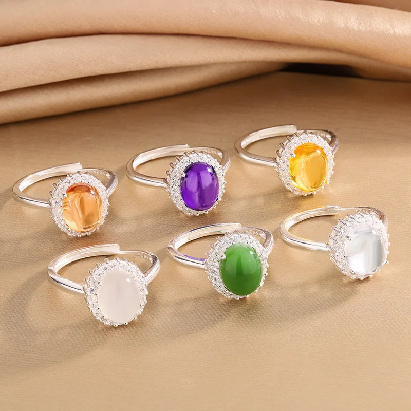 S925 Silver Inlaid With Hetian , Green Jade,, And Zircon, Ultra-Shiny Adjustable Women, Elegant Ring