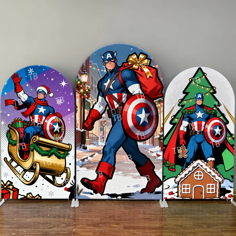 

Captain America Christmas Festive Style Arch Backdrop Cover Cheerful Hero Scene For Kids Birthday Baby Shower Photo Booth Decor
