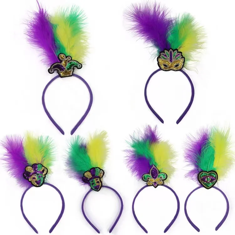 

2024 New Carnival Party Supplies Plastic Sequin Feather Headband Wild Man Headdress Saint Patrick Ball Bar Event Men Women Gifts