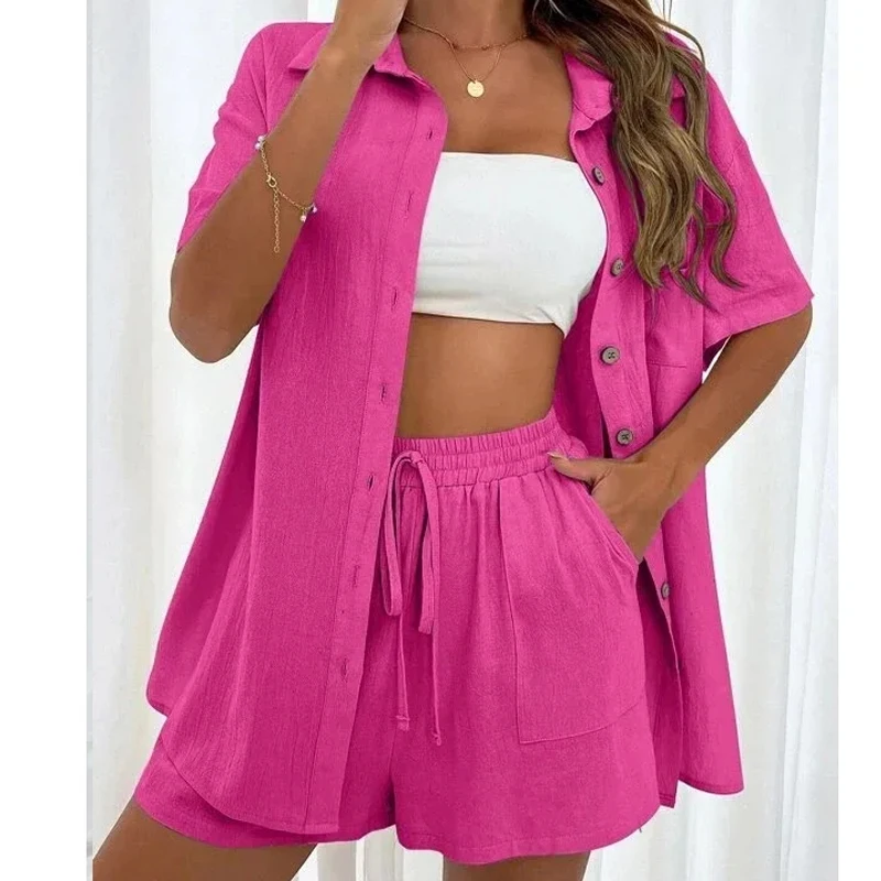 Summer Short Sleeve Shirt and Shorts Two Piece Set Women Cotton Clothing Casual Loose Blouse Drawstring Shorts Outfits 26296