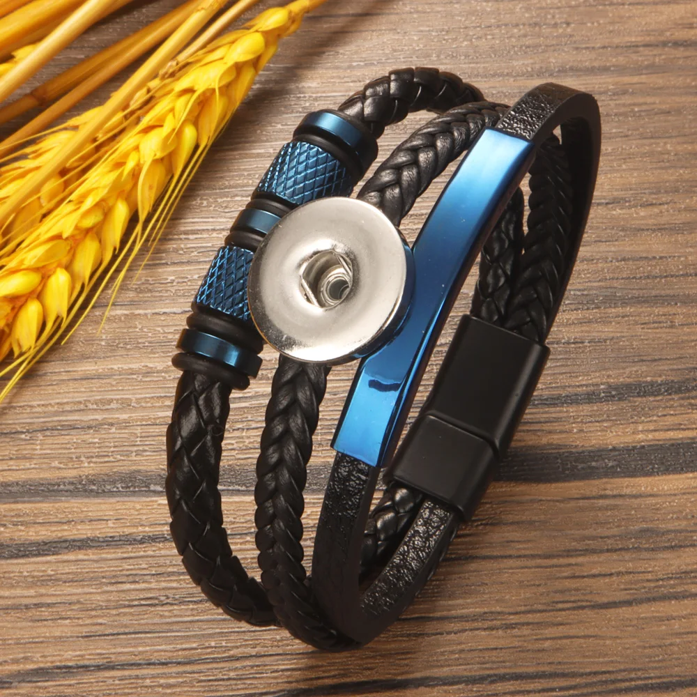 Fashion Geometry Punk Rock 026 Pu Leather Fit 12mm 18mm Snap Button Bangle Bracelet Charm Jewelry For Women Men