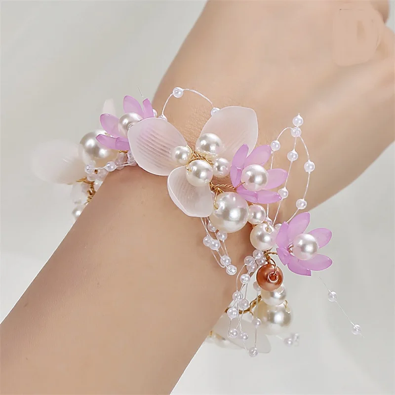 Beautiful Children Wrist Corsage Pearl Beads Hand Flower Bracelet with Ribbon Bride Bridesmaid Wrist Corsage Wedding Accessory