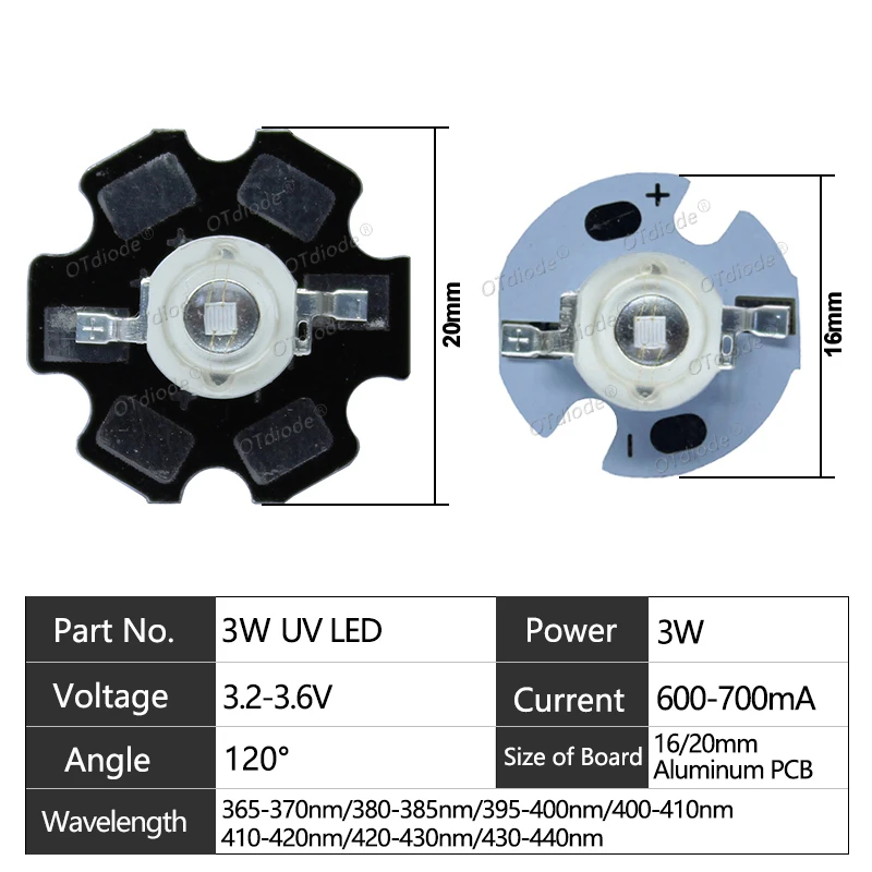 رقاقة مصباح LED عالية الطاقة باللون البنفسجي فوق البنفسجي ، حبات الضوء فوق البنفسجي مع ثنائي الفينيوم ، 365 نانومتر ، 370 نانومتر ، 385 نانومتر ، 39 نانومتر ، 400 نانومتر ، 410 نانومتر ، 420 نانومتر ، 3 واط ، 1-50