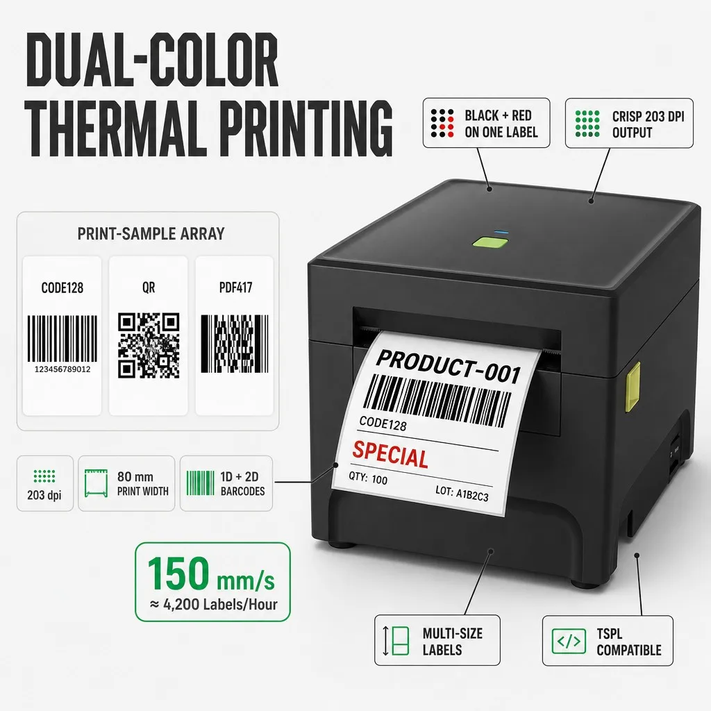 Inkless Dual Color Thermal Printer 4 Inch Black Red Label Maker with Bluetooth for Shipping and Warehouse Labels