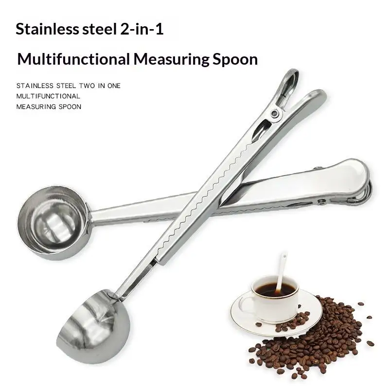 2-in-1 Stainless Steel Coffee Measuring Coffee Scoop Multifunctional Food Sealing Clip Tea Milk Powder Scoop Coffee Accessories