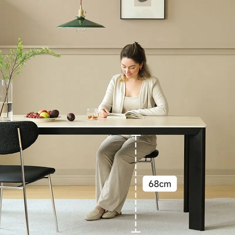 Mesa de comedor de losa de roca de travertino, mesa retro de fresno de viento, mesa de comedor de madera maciza gruesa de arroz rectangular simple