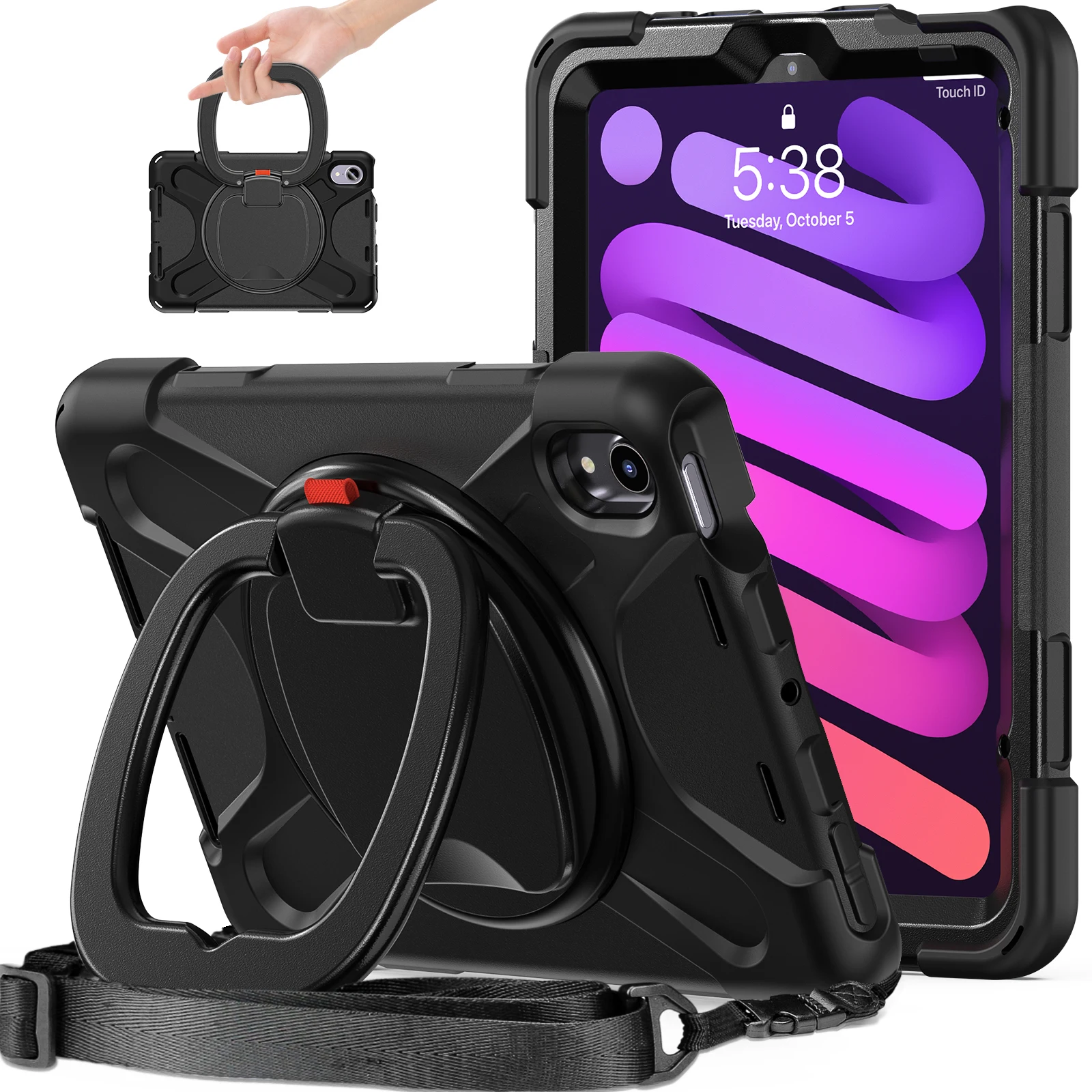 

360 Rotating Kids Case Universal For iPad Mini 7 2024 A17 Pro Mini 6 2021 8.3" Armor Stand Cover With Handle Grip Shoulder Strap