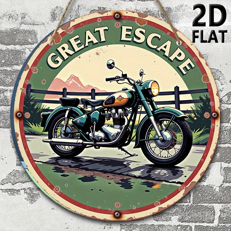 2D Planar Retro Motorrad Holz-Wandkunst-Schild - Rundes Recycling-Holzschild mit der Aufschrift 'Great Escape'