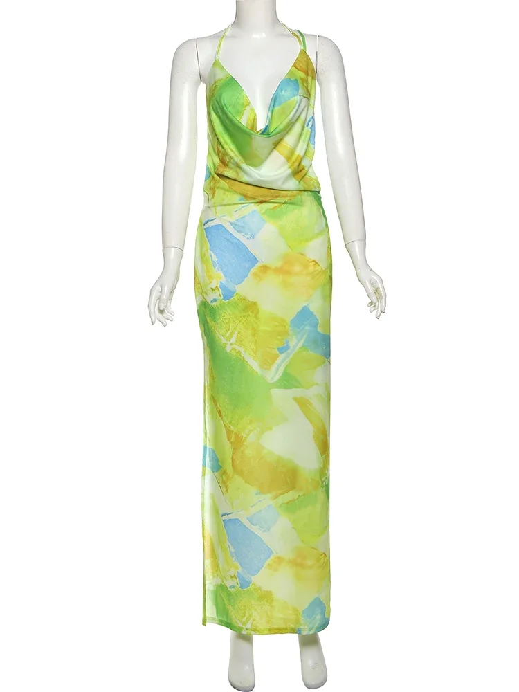 Robe Sexy à col pivotant pour femmes, Coquette fine Y2K, imprimé coloré, fente latérale, dos nu, Clubwear de minuit, moulante