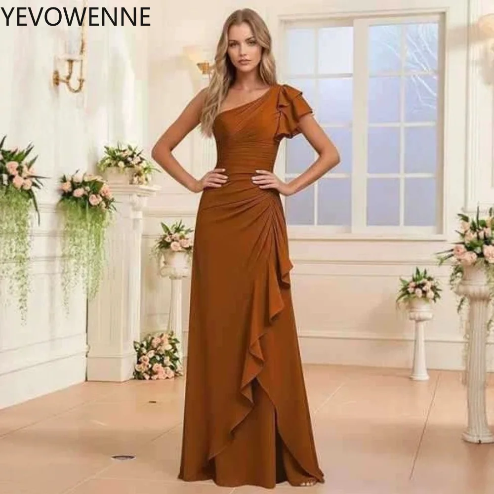 Ruffles Bridesmaid Dress for Wedding One Shoulder Side Split Long Chiffon Wedding Guest Dresses