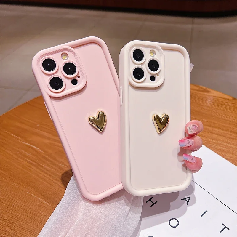 Luxury 3D Gold Heart Silicone Soft Phone Case For iPhone 16 E 15 14 13 12 11 Pro Max XS XR 7 8 Plus Shockproof Candy Matte Cover