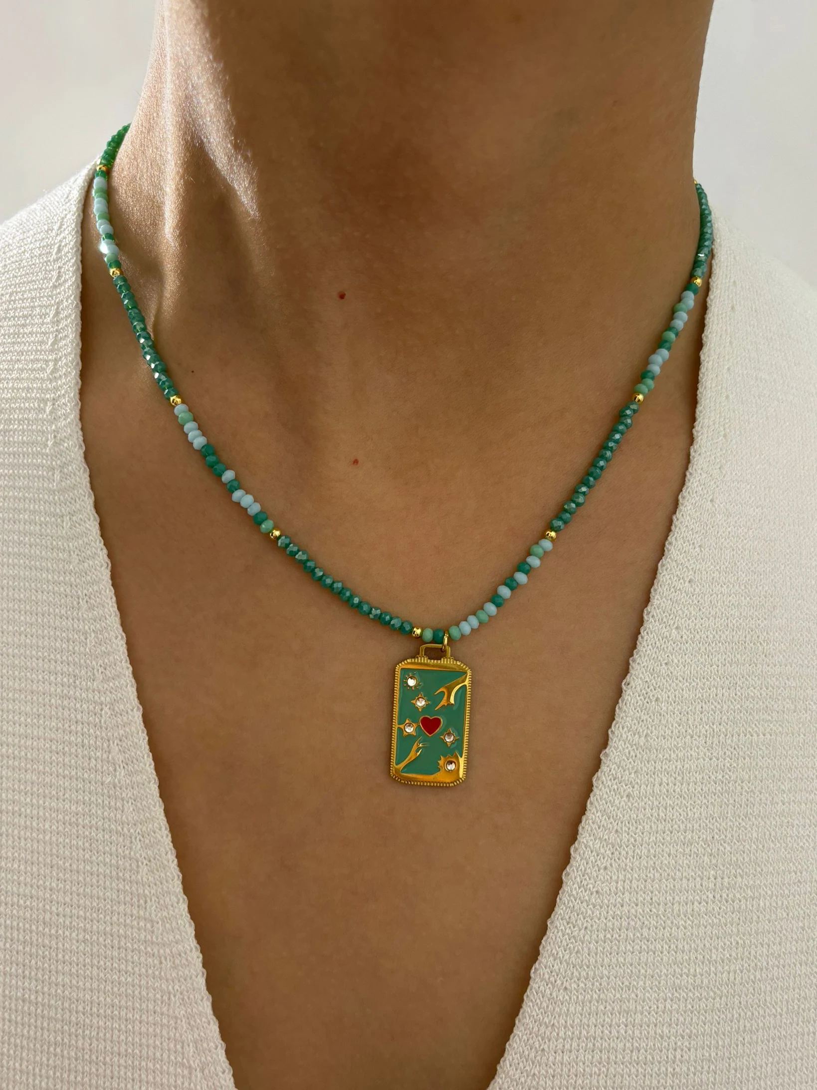 Peri\'sbox Bohemian Multi-color Acrylic Beaded Chain Colored Enamel Rhinestone Square Pendant Necklace for Women High-End Jewelry