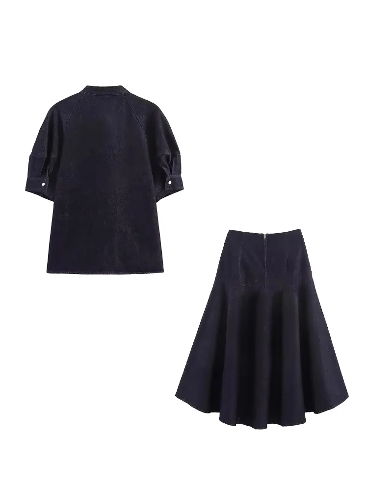 HH Abiti casual in denim da donna Camicia monopetto con decorazione con fiocco + Gonna longuette a pieghe con cerniera in vita elastica Set di gonne solide