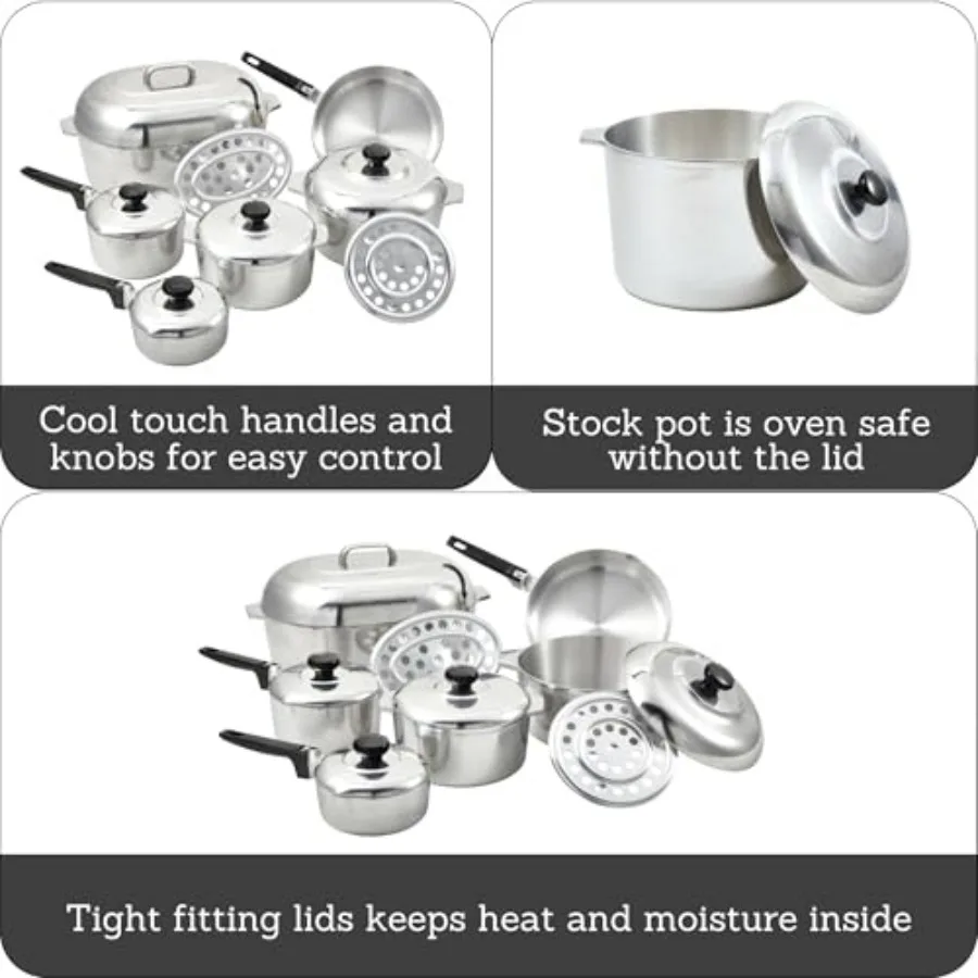 طقم أواني طهي كاجون من الألومنيوم المصبوب عالي التحمل مكون من 13 قطعة من الولايات المتحدة الأمريكية، فضي