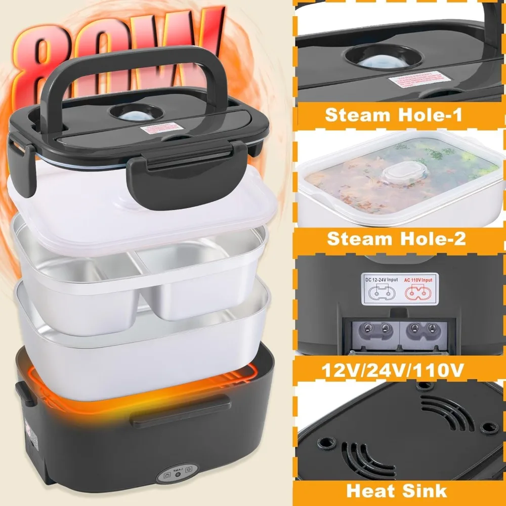 Electric Lunch Box for Adults with 2 Stainless Steel Containers 1.5L 80W Heated Lunch Boxes Portable 12/24/110V (Black)