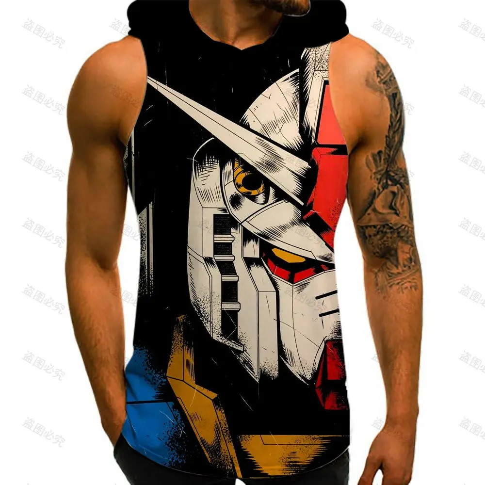 Gundam Mobile Suit Men's Hooded Tank Y2k Tops GYM Cool Vest T-shirts Man Hip Hop Harajuku New Fashion European Size Leisure 2023