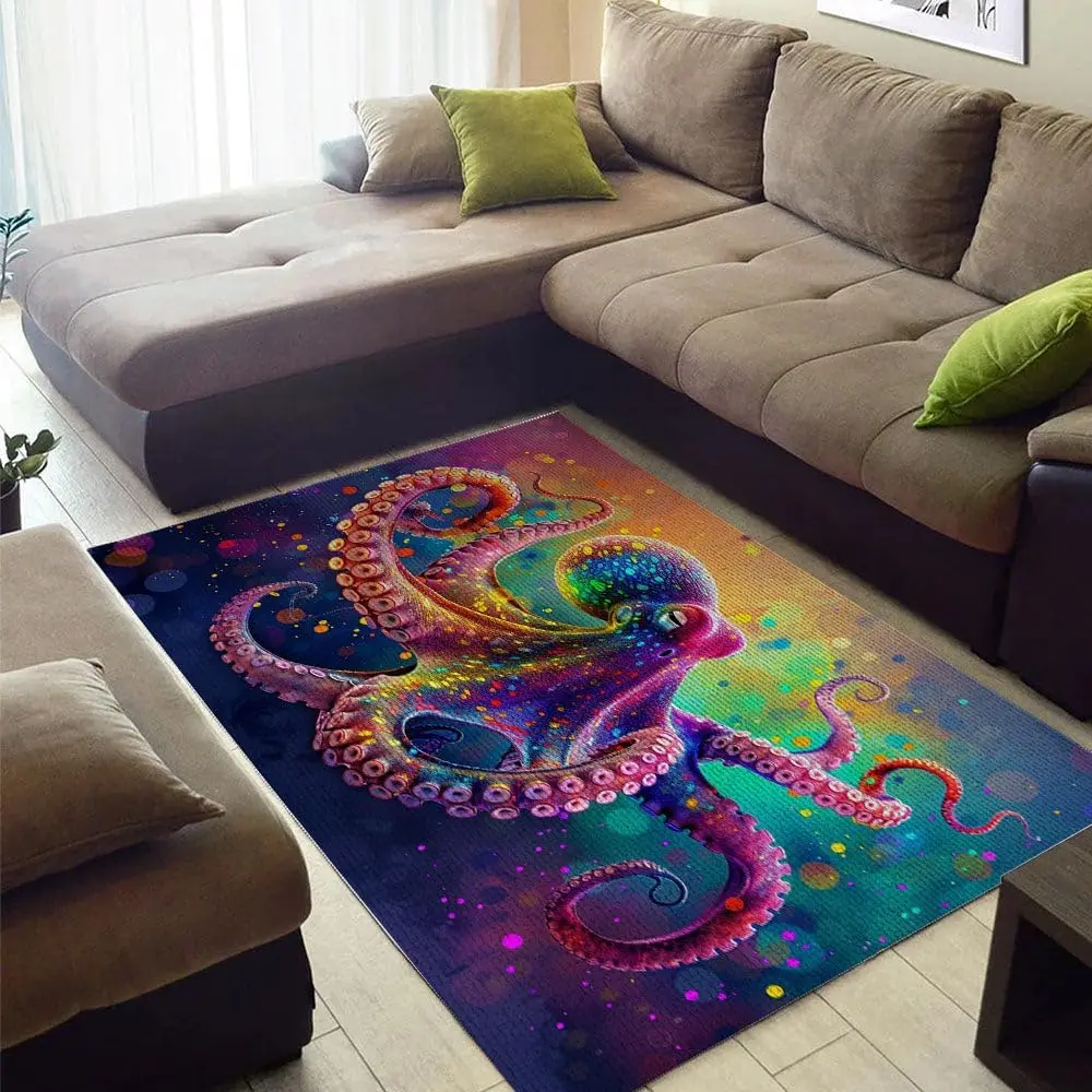 Sea Octopus Underwater World Watercolor Octopus Print Large Rug Modern Art Ocean Animals Decor Floor Mat Non-Slip Indoor Carpet