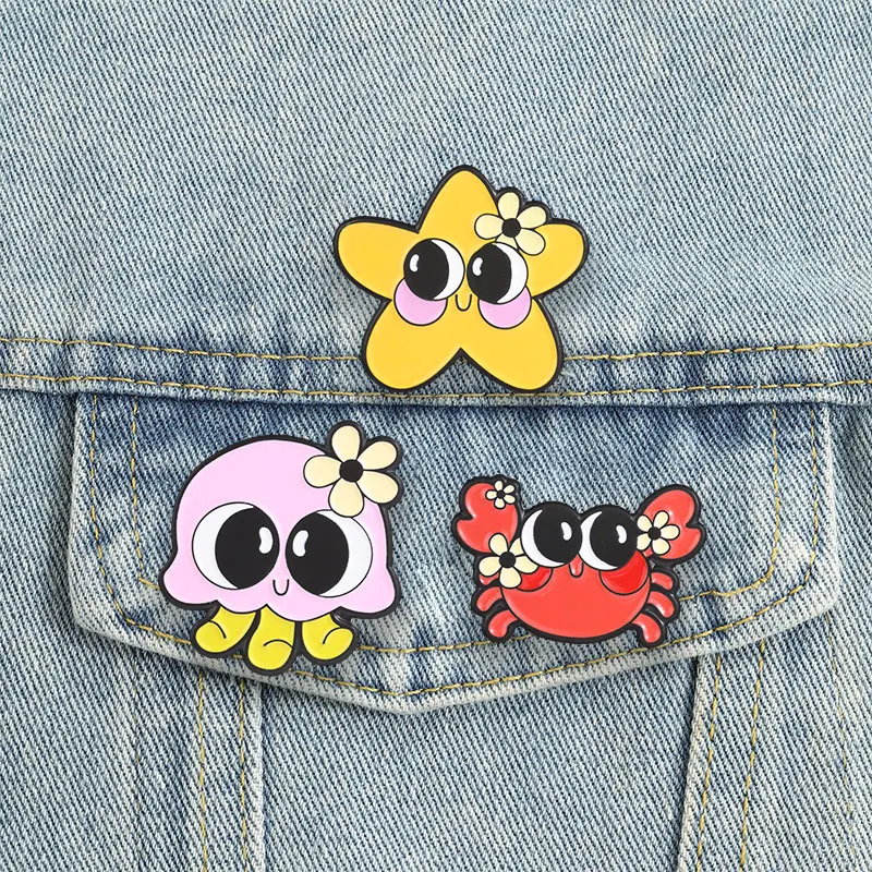 Kawaii Meerestier-Emaille-Anstecknadeln mit Großen Augen, Seestern, Krabbe, Oktopus, Broschen, Sommer-Reversnadeln, Cartoon-Schmuck, Niedliches Geschenk