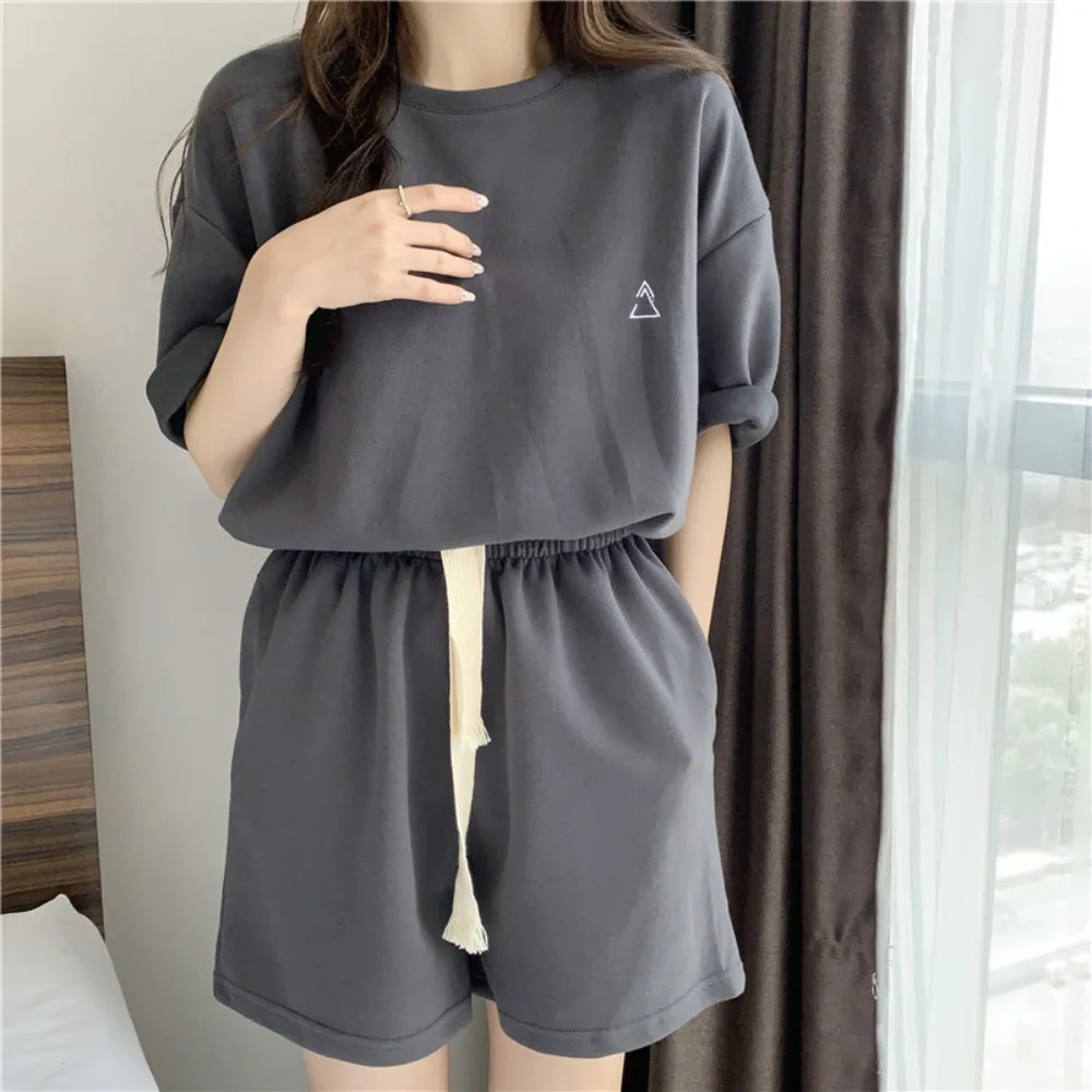 

Мягкий свободный спортивный костюм из двух предметов, женский однотонный летний костюм из двух предметов с короткими рукавами, одежда для сна, домашняя одежда, женский костюм