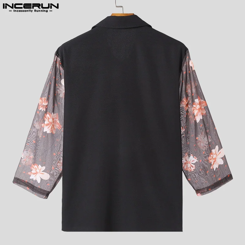 INCERUN Men Shirt Mesh Patchwork Flower Printing Lapel 3/4 Sleeve Men Clothing Streetwear Transparent Fashion Casual Male Shirt