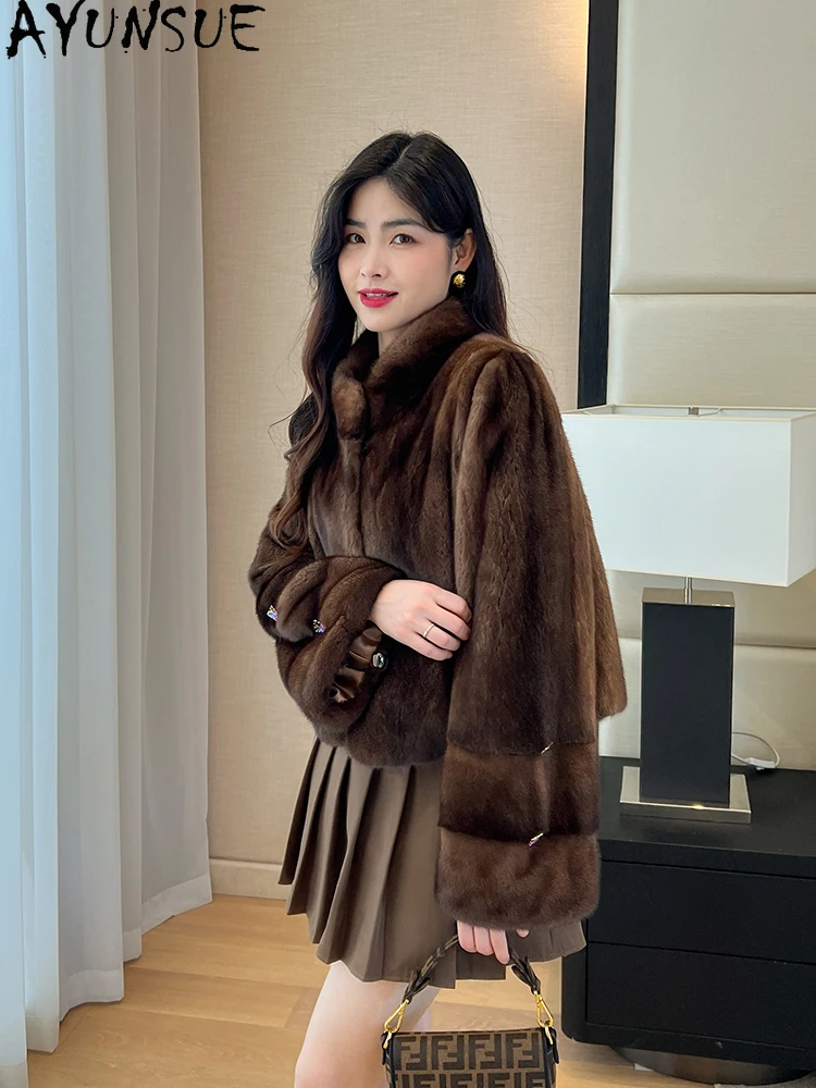 AYUNSUE Naturalna Kurtka z Futra Norki AYUNSUE Damska Moda Rozkloszowane Rękawy Luksusowe Kurtki z Prawdziwego Futra dla Kobiet Odzież Ropa Para Mujer