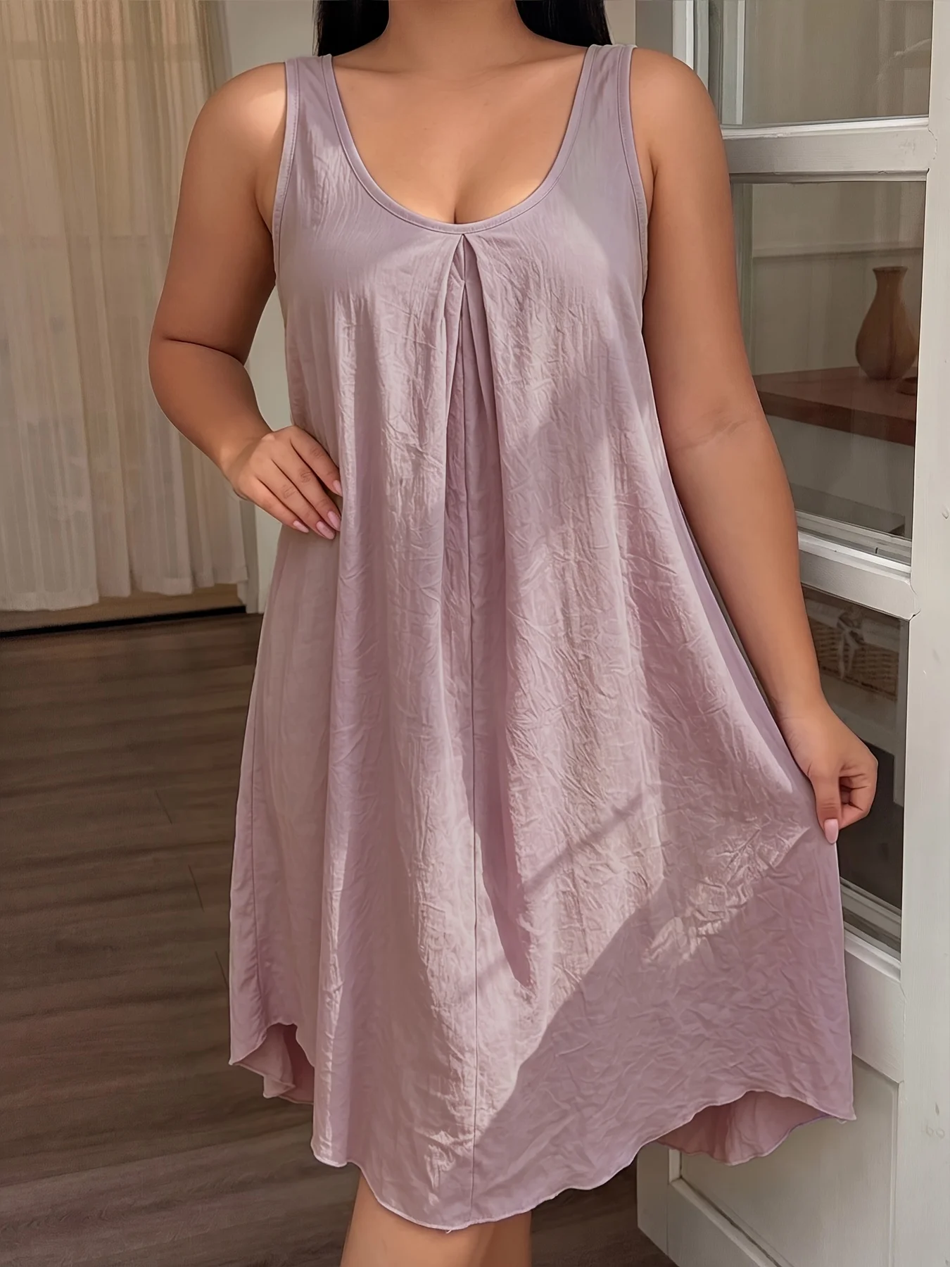 Oversized Tank Sleepwear for Women​ Solid Color Pleated Front Nightgown Casual Lounge Dress