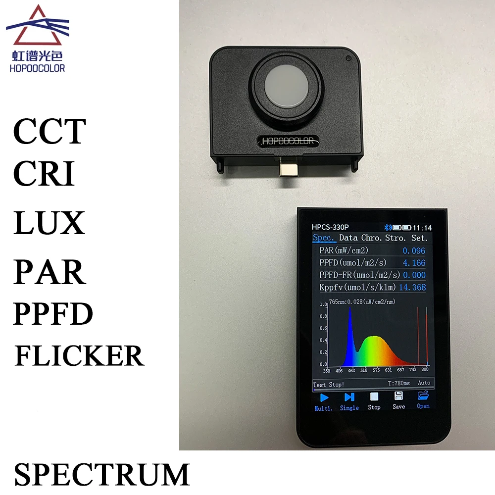 PAR Light Meter PPFD Spectrometer HPCS330P with Pc software for CCT CRI Lux Spectrum test Hopoocolor