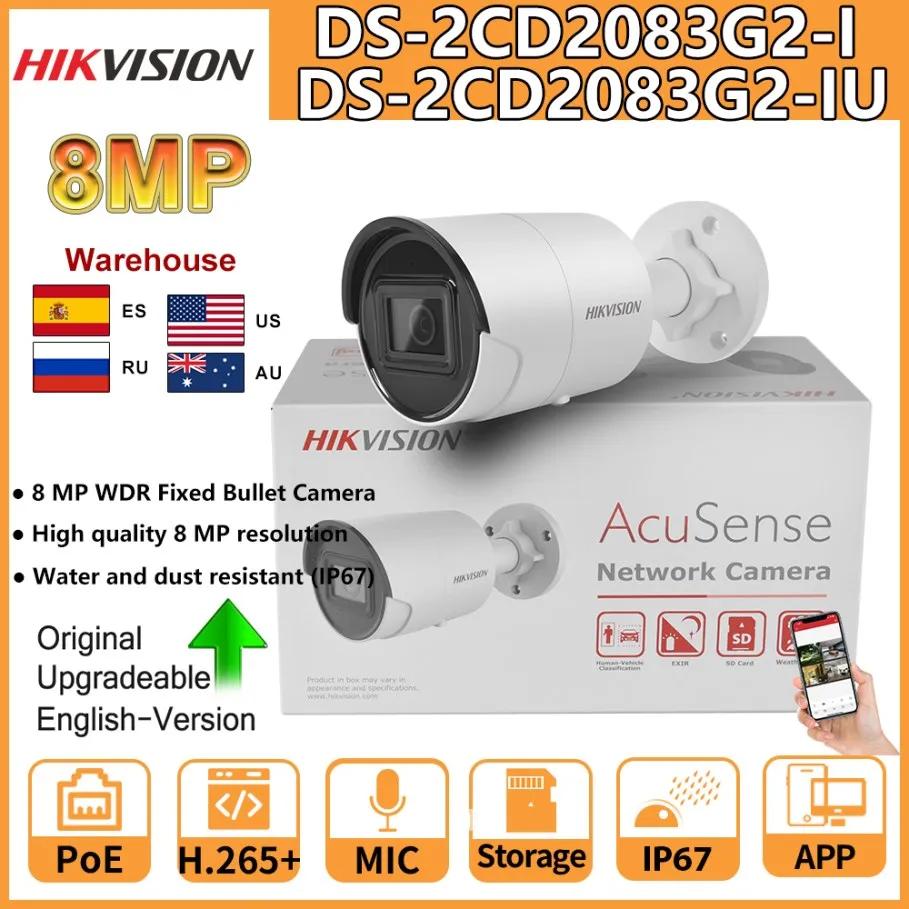 Hikvision IP Camera 8MP DS-2CD2083G2-I DS-2CD2083G2-IU POE 4K Acusense CCTV Bullet Surveillance Video Camera For Home Protection