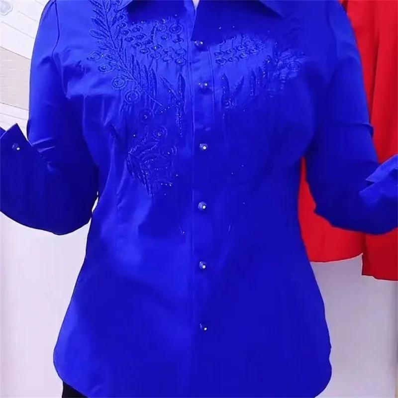 Fashion White Red Blue Shirts For Women New Temperament Design Embroidered Rhinestone Spring Autumn Summer Shirt Blous